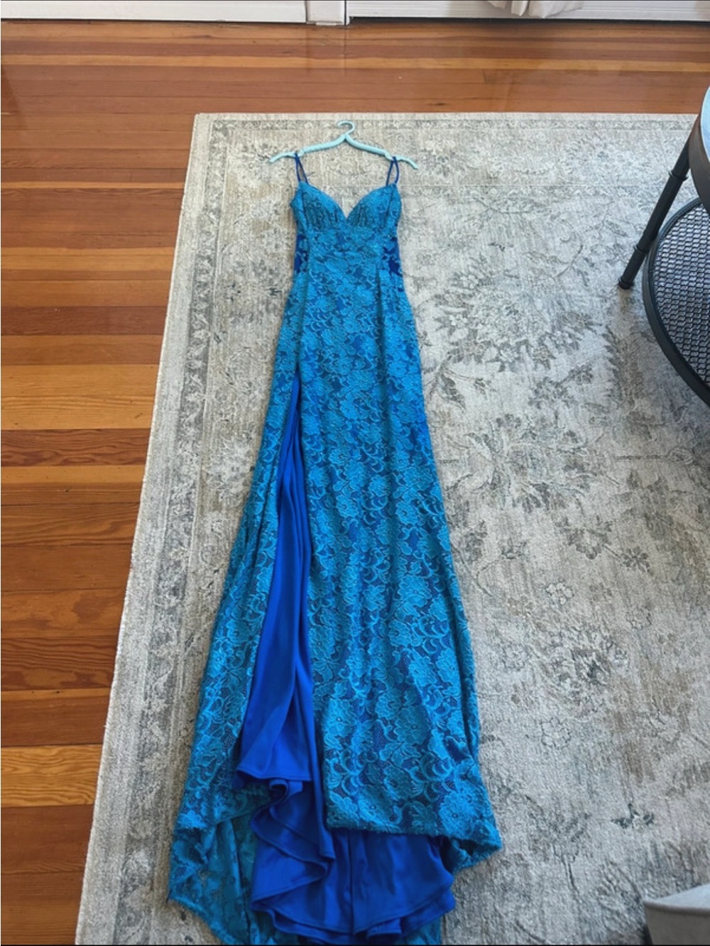 La Femme Royal Blue Lace Prom Gown with Side Slit